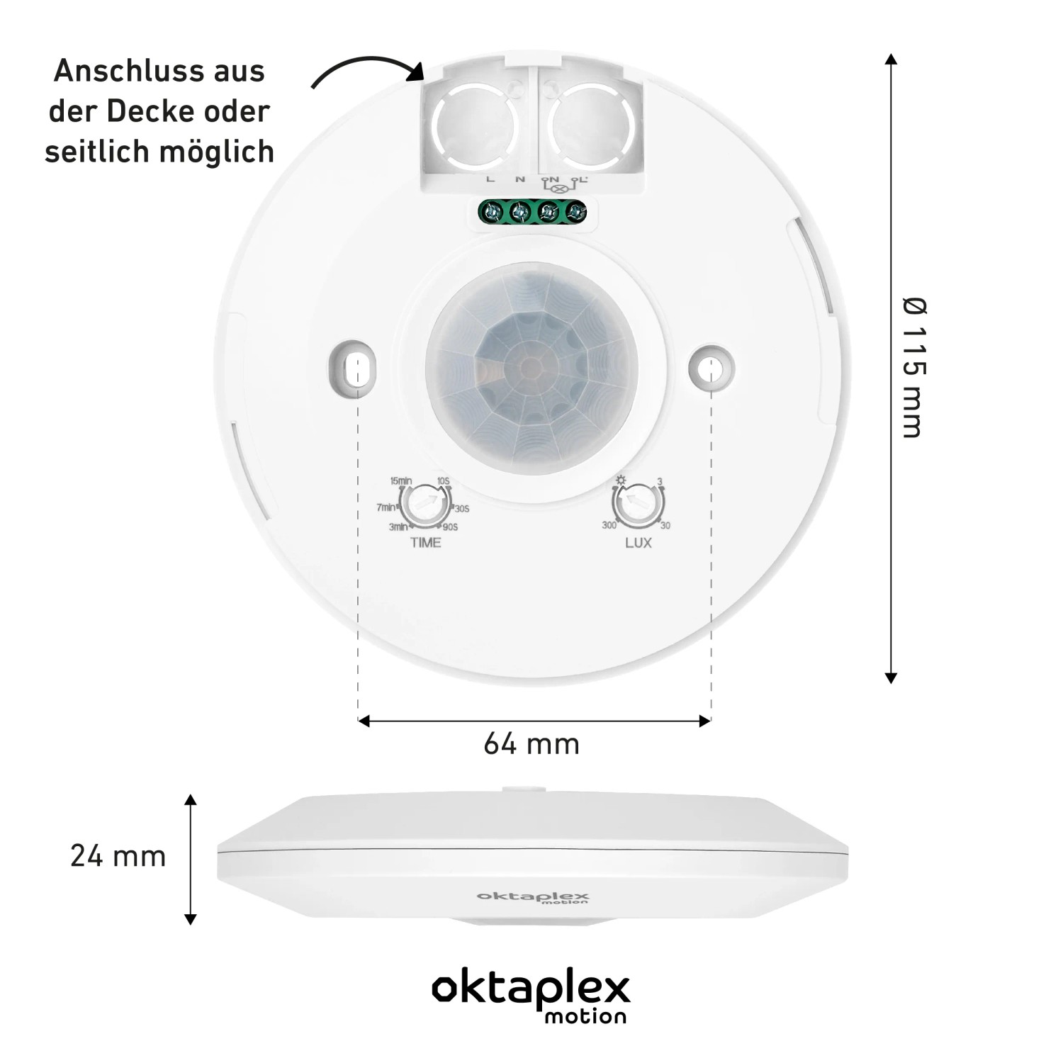 Oktaplex Ina Bewegungsmelder, 360° Erfassung, weiß, zur Deckenmontage. Details zu Maßen sind im Bild.