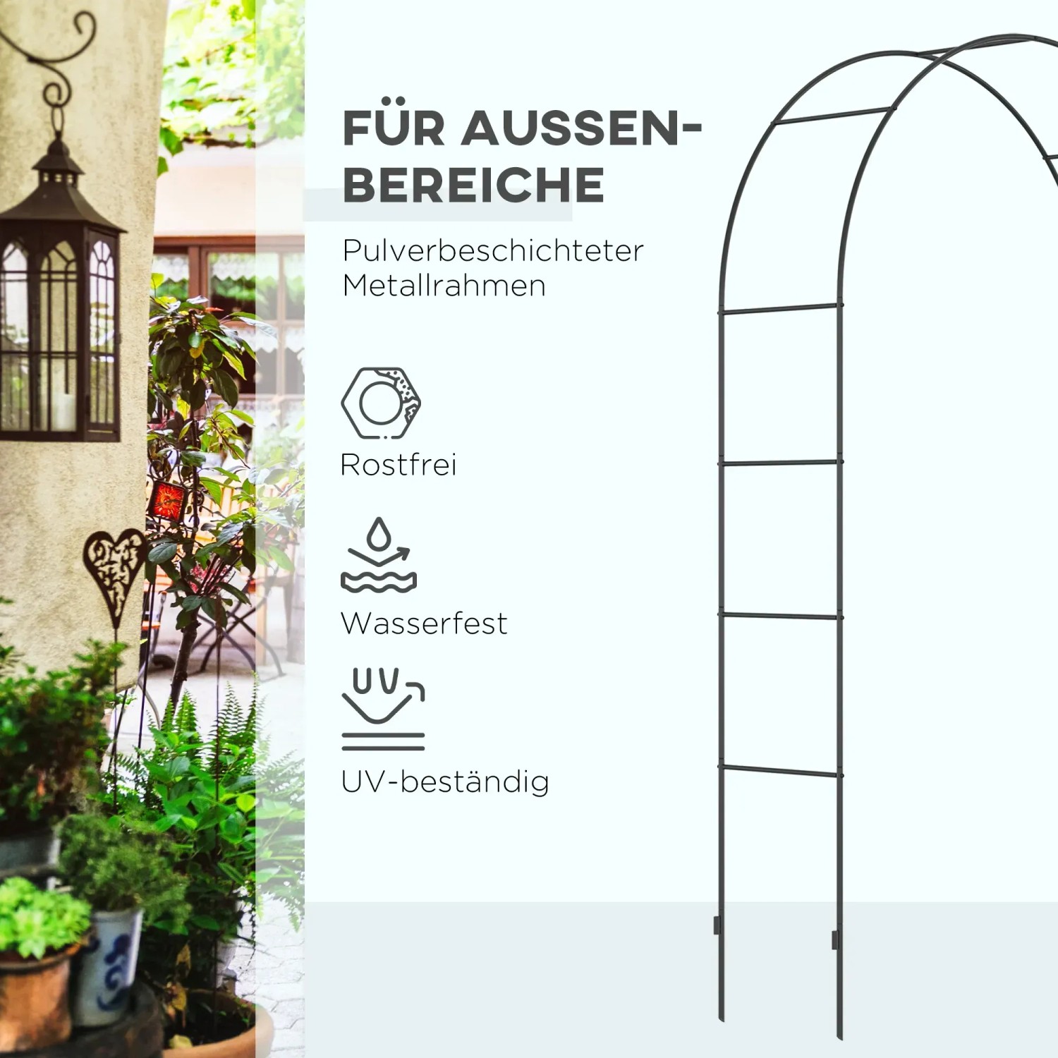 Schwarzer Outsunny Rosenbogen mit Spitze aus Metall, ideal als Rankhilfe im Garten.