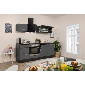 Respekta Premium Küchenzeile 220 cm in Grau Hochglanz-Eiche Grau mit E-Geräten.