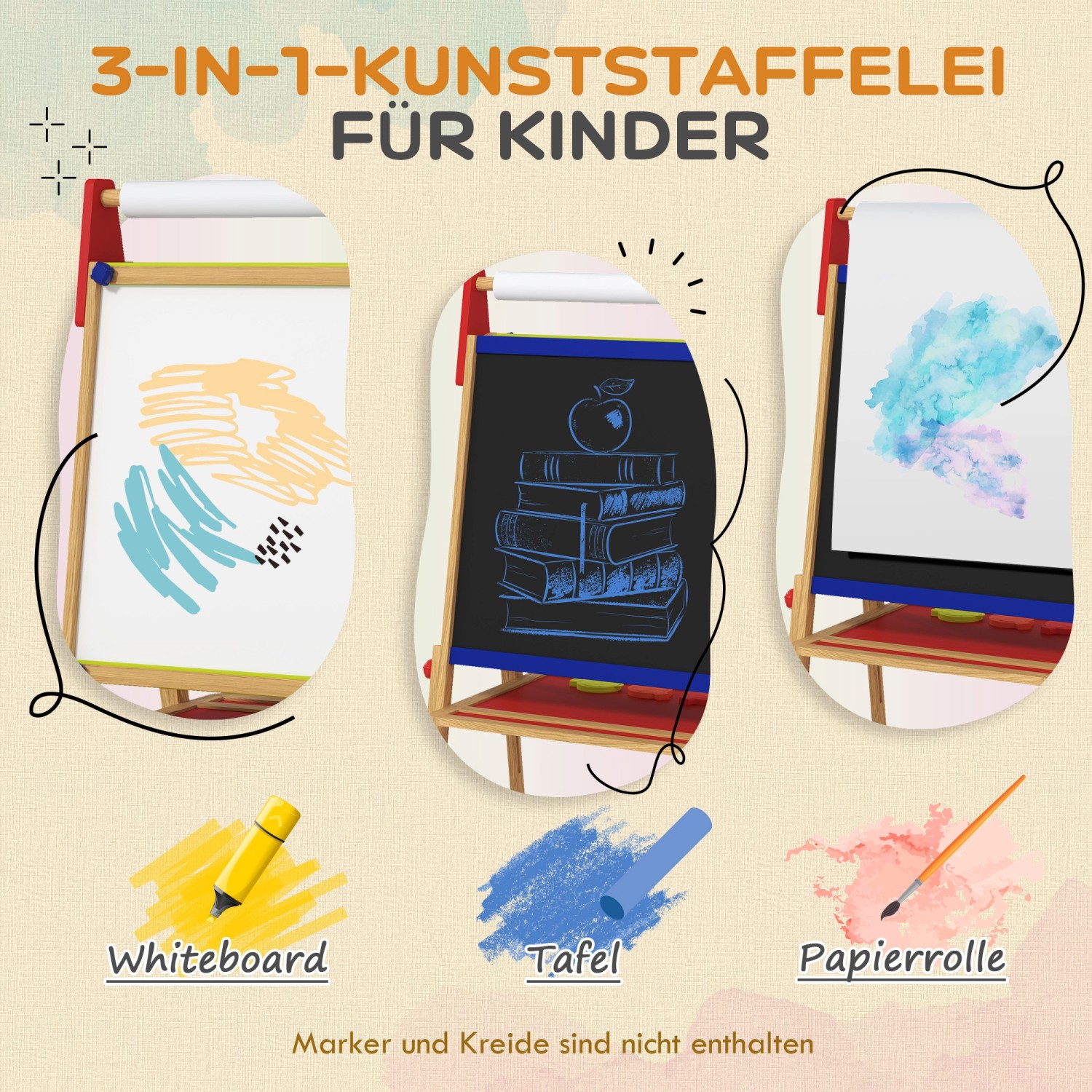AIYAPLAY Kindertafel aus Kiefernholz, 3-in-1 Staffelei mit Whiteboard, Tafel und Papierrolle.