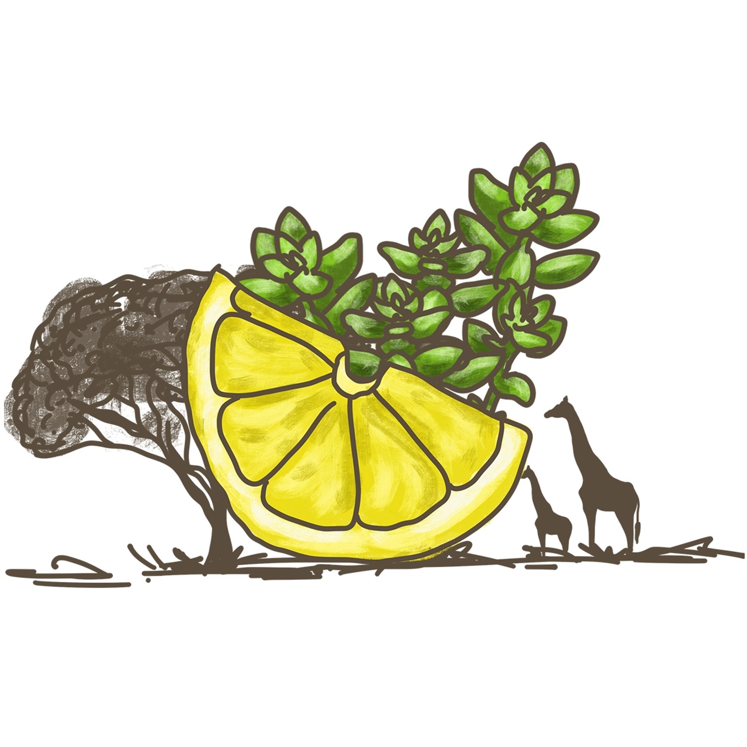 Illustration: Afrikanisches Zitronenkraut in Zitrone, mit Giraffen und Baum im Hintergrund.