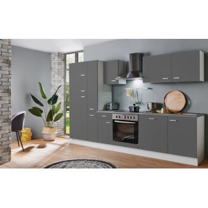 Moderne Menke Küchenzeile White Classic, 300 cm, Graphit-Weiß, mit Elektrogeräten.