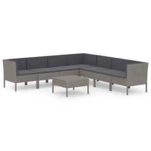Graues 8-tlg. vidaXL Garten-Lounge-Set aus Rattan mit anthrazitfarbenen Auflagen.