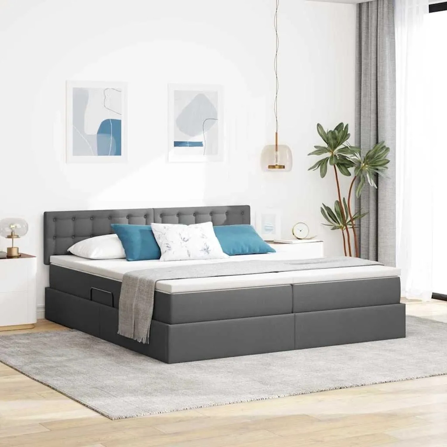 vidaXL Bett mit LED-Lichtleisten Dunkelgrau 200 x 200 cm Stoff 3371592_2