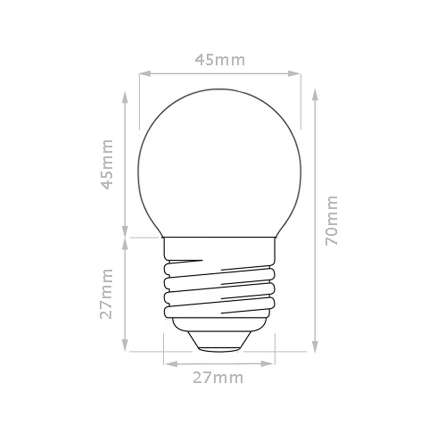 Skizze einer E27 LED Kugellampe (45mm Durchmesser, 70mm Höhe) für Satisfire Illu-Lichterkette.
