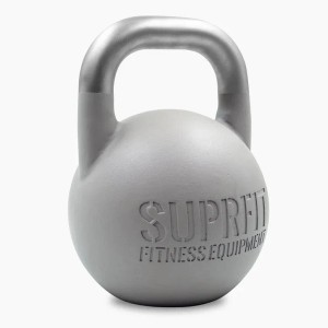 Graue Suprfit Pro Competition Kettlebell 44 kg mit pulverbeschichtetem Körper und glänzendem Edelstahlgriff. Für Sport & Fitness Training.