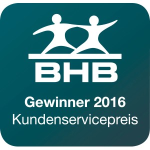 BHE Kundenservicepreis Gewinner 2016 Logo auf blauem Hintergrund.