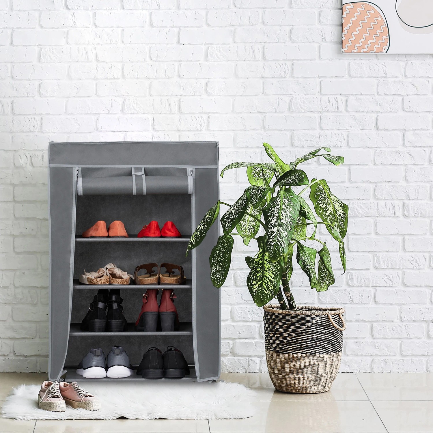 Relaxdays Schuhschrank Vliesstoff Anthrazit mit 5 Fächern 90 cm x 60 cm x 30 cm 1,2 kg_2