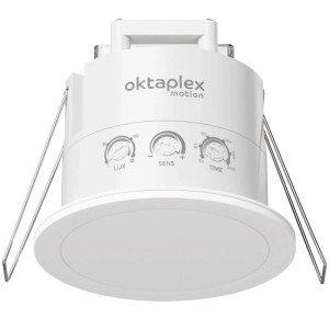 Weißer Oktaplex Noa HF Präsenzmelder für Unterputz-Deckenmontage, 360 Grad, IP65, mit LUX, SENS, TIME Reglern.