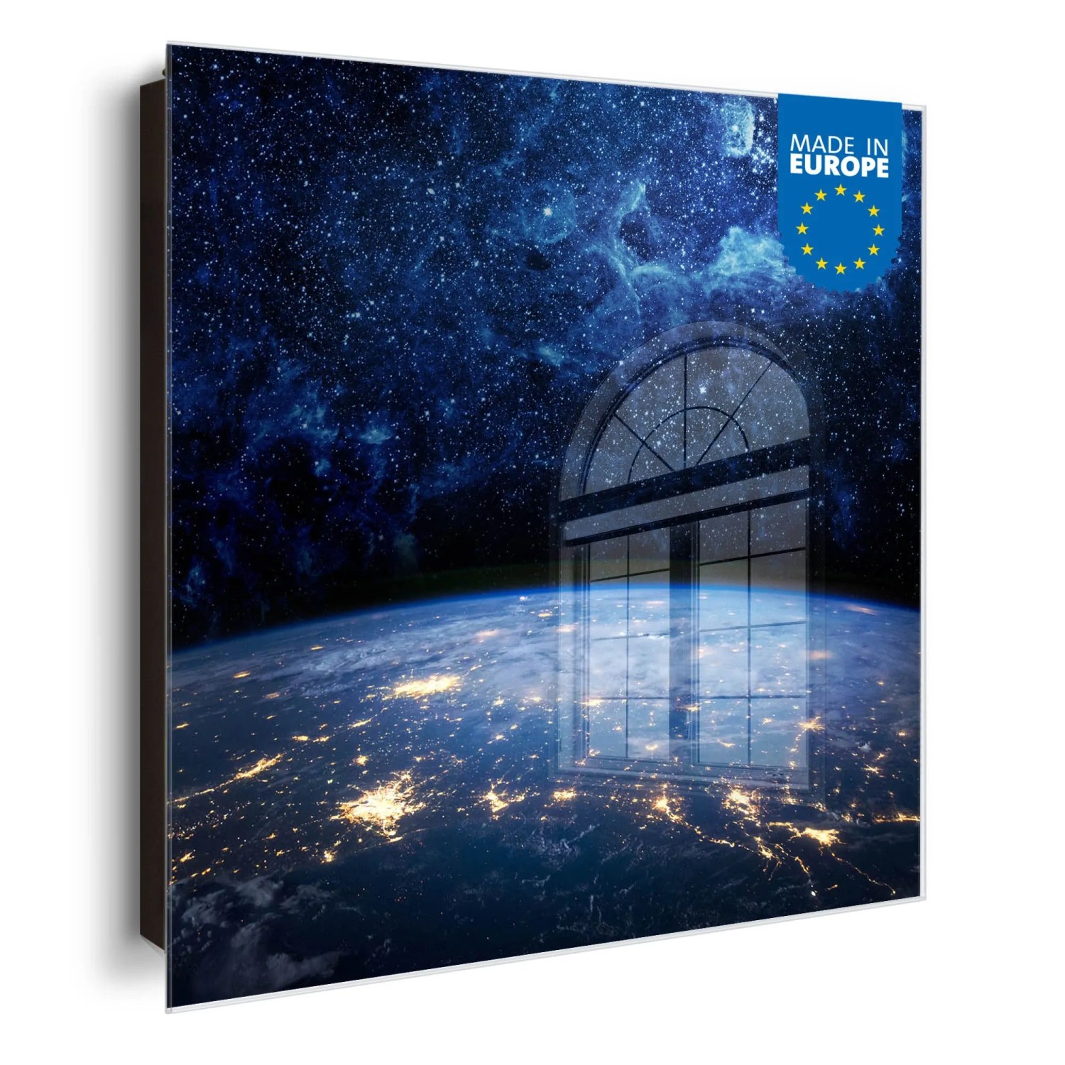 Banjado Großer Schlüsselkasten Glas 30x30cm Schwarz Scharnier Links 50 Haken Beschreibbar Magnetisch Motiv Galaxie