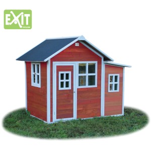 Rotes EXIT Loft 150 Holzspielhaus mit Anbau und wasserdichtem Dach.