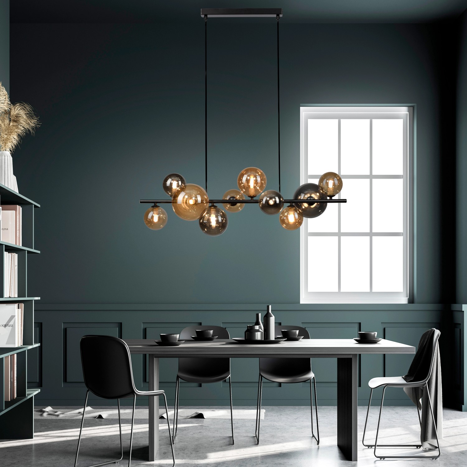 Paul Neuhaus Pendelleuchte Popsicle, 10-flammig, schwarz mit Amber- und Rauchgläsern.