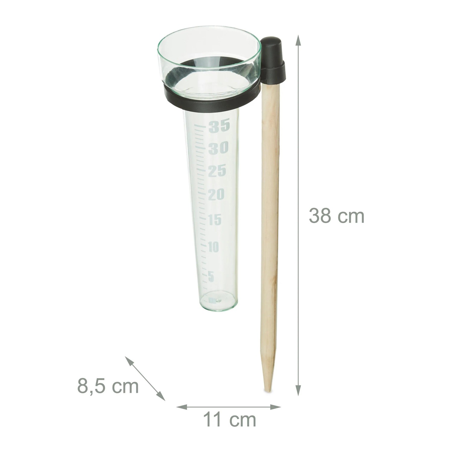 Regenmesser 2er Set mit Holzstab, transparente Messskala bis 35 mm, für Garten und Beet.