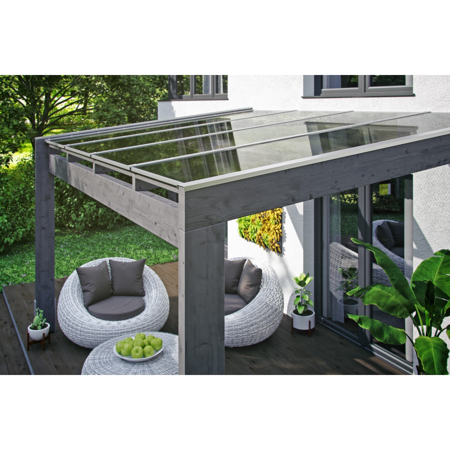 Skan Holz Terrassenüberdachung Novara, 450x259 cm, schiefergrau, mit Polycarbonat-Doppelstegplatten.