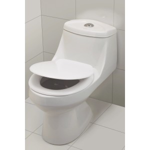 Weißer WC-Sitz Xingu aus Duroplast mit Edelstahl-Scharnieren auf einer Toilette.