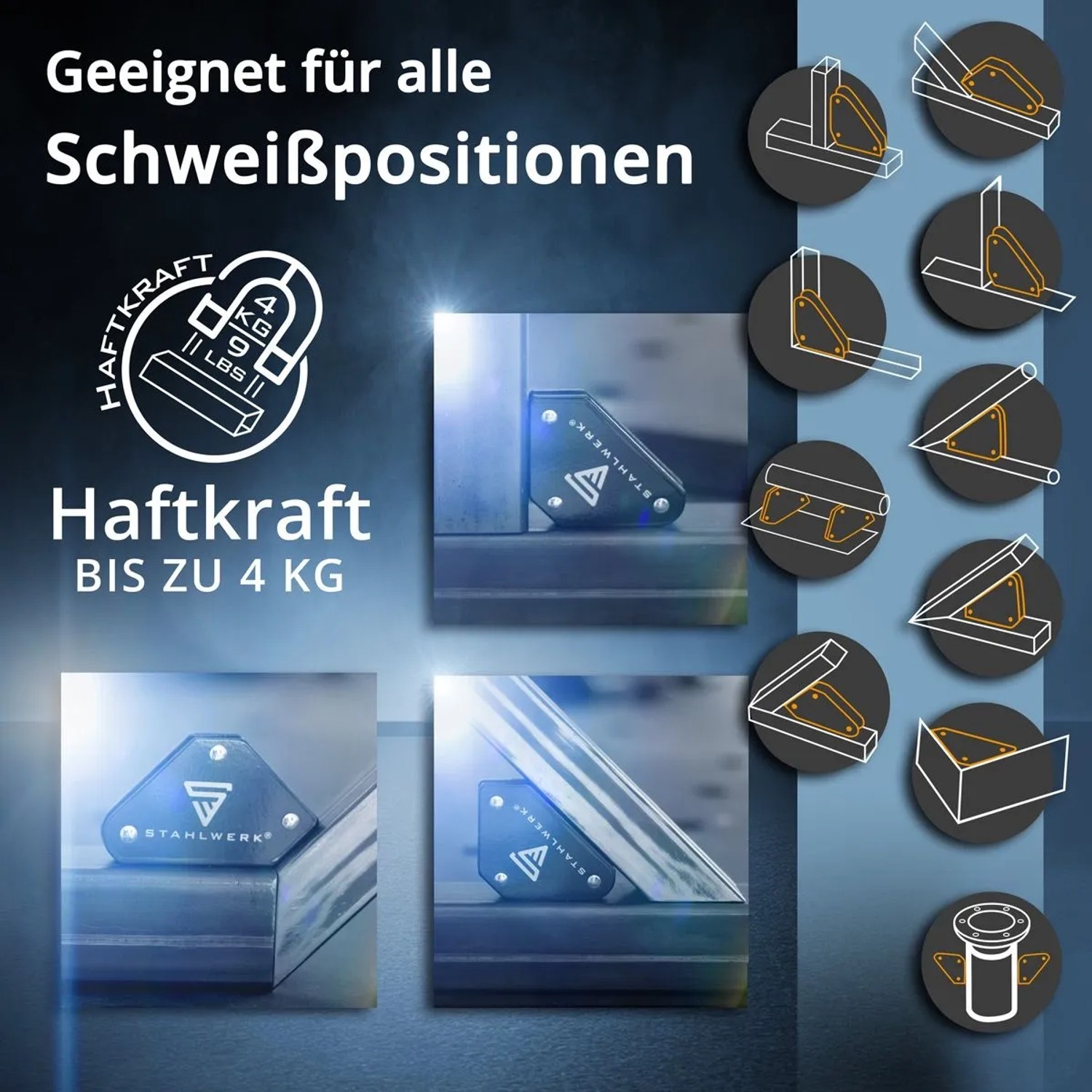STAHLWERK Magnet-Schweißwinkel Set hält Metallteile präzise bei 45°, 90°, 135° für Schweißarbeiten.