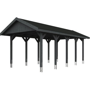 Satteldach-Carport Wallgau, schiefergrau mit schwarzen Schindeln, stabile Holzkonstruktion.