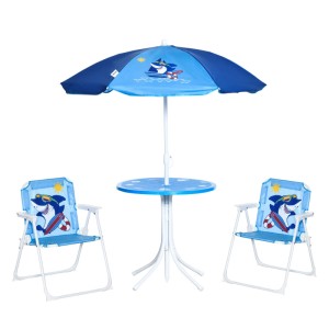Outsunny Kinder Garten Tisch- und Stuhlset blau, mit Sonnenschirm und Hai-Muster. Ideal für Spiel & Spaß.