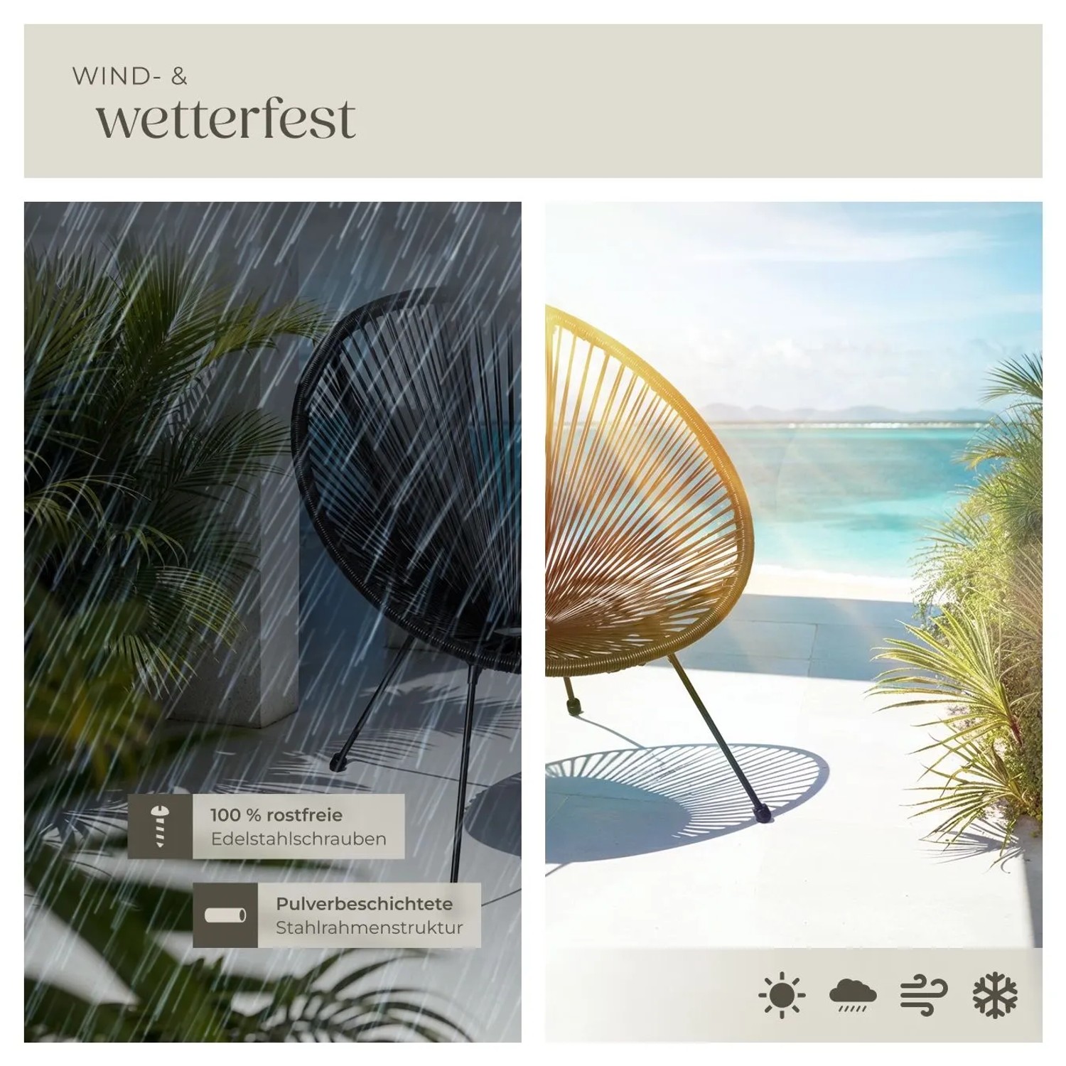 Schwarzer Acapulco Gartenstuhl im Retrodesign, wetterfest, mit Schnurbespannung, auf Terrasse bei Regen und Sonne.