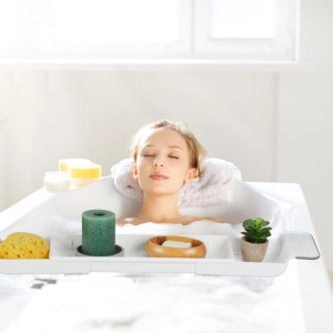 Relaxdays Badewannenablage Kunststoff Weiß Ausziehbar Rutschfest 6 cm x 55,5 bis 78 cm x 17,5 cm 0,5 kg