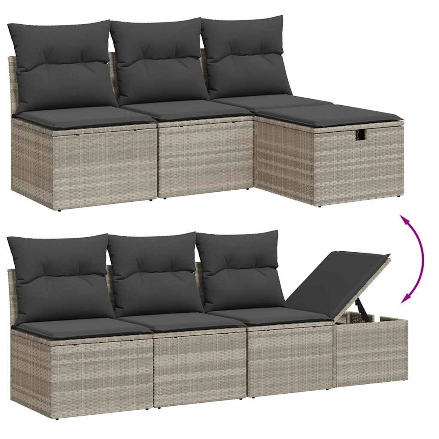 Hellgraue 8-tlg. Garten-Sofagarnitur aus Polyrattan mit Kissen, bestehend aus Sofaelementen, Tisch und Hocker mit Stauraum.