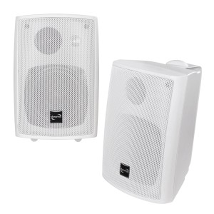 Dynavox PB-402: Wetterfeste 3-Wege-Boxen in Weiß mit Halterung, ideal für Innen- und Außenbereiche.