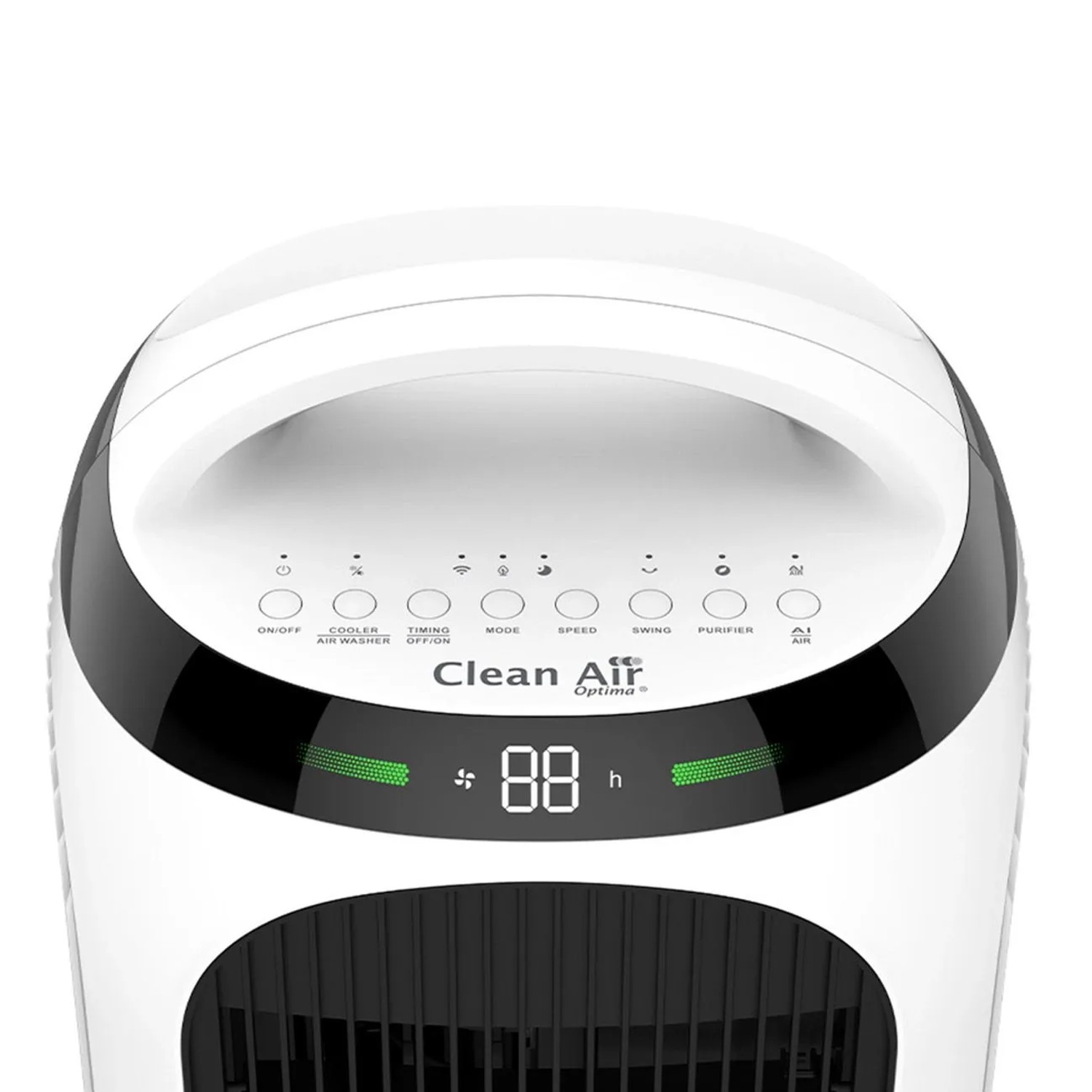 Clean Air Optima CA106 Smart 4in1 Luftkühler: weißes Bedienfeld mit Digitalanzeige und Tasten.