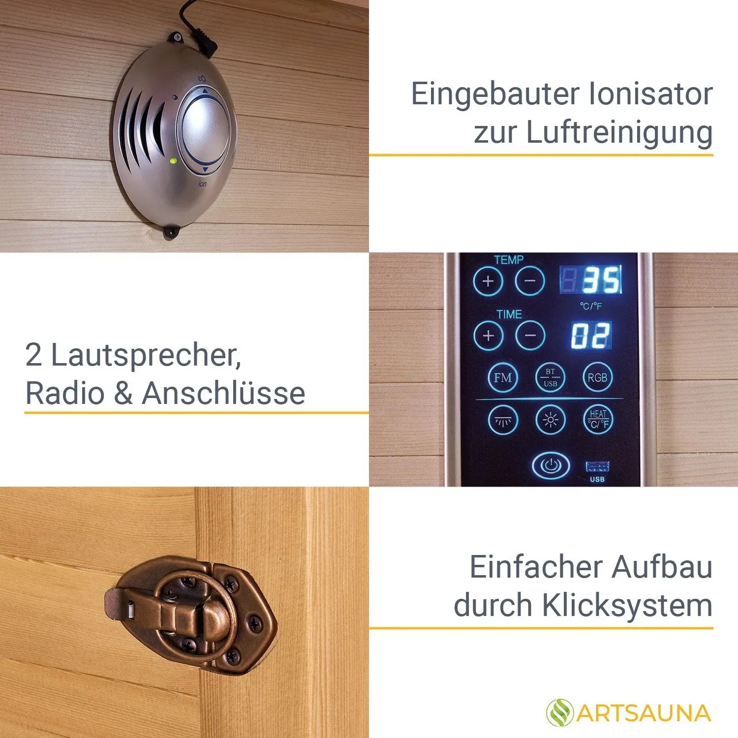Details der Artsauna Infrarotkabine Nyborg: Ionisator, Bedienfeld, Lautsprecher und Verschluss im Detail.