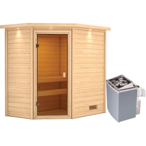 Woodfeeling Sauna Jella mit Ofen, LED-Dachkranz und bronzierter Glastür.