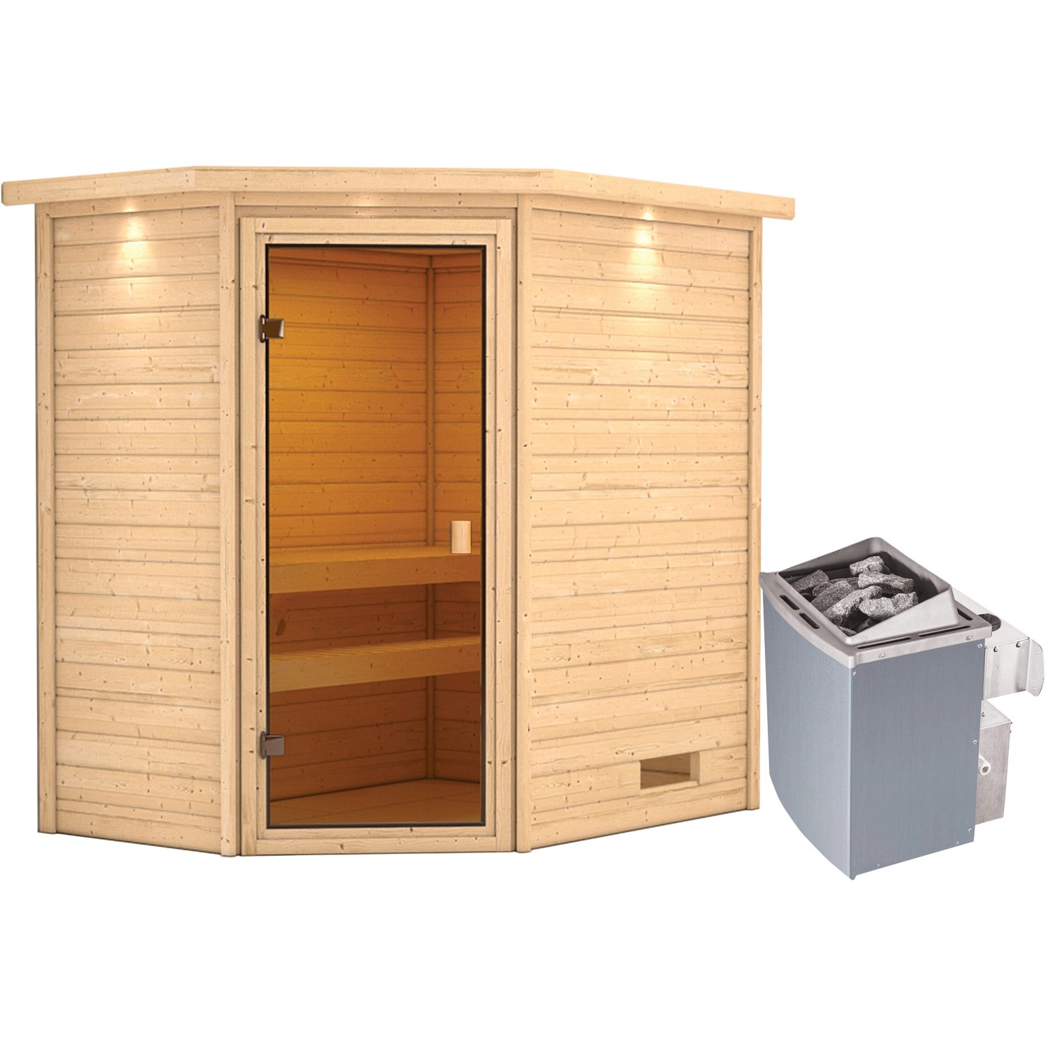 Woodfeeling Sauna Jella inkl. 9 kW Ofen mit integr. Strg., LED-Dachkranz