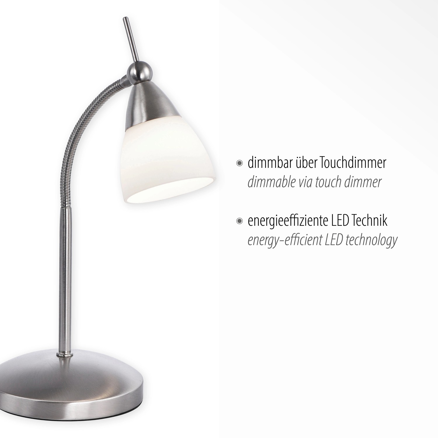 Paul Neuhaus LED-Tischleuchte Pino, Stahloptik mit Opalglas, dimmbar.