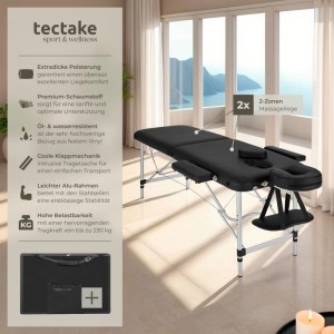 Schwarze Tectake 2 Zonen Massageliege mit Zubehör und Tragetasche.