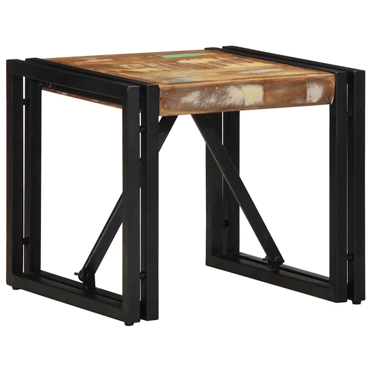 Quadratischer Couchtisch vidaXL aus Altholz massiv, mehrfarbig, mit schwarzem Metallgestell.