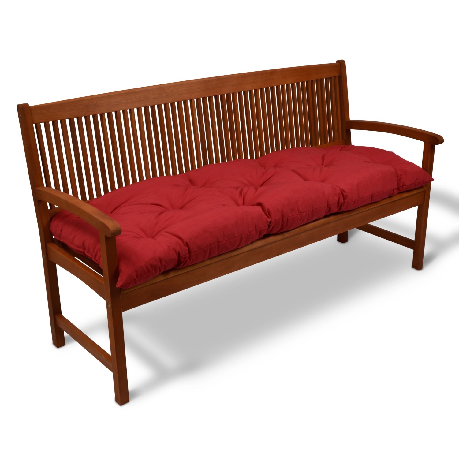 Beautissu Flair BK Bankpolster 150x50x8cm Rot auf Holzbank. Gartenbankauflage für bequemes Sitzen.