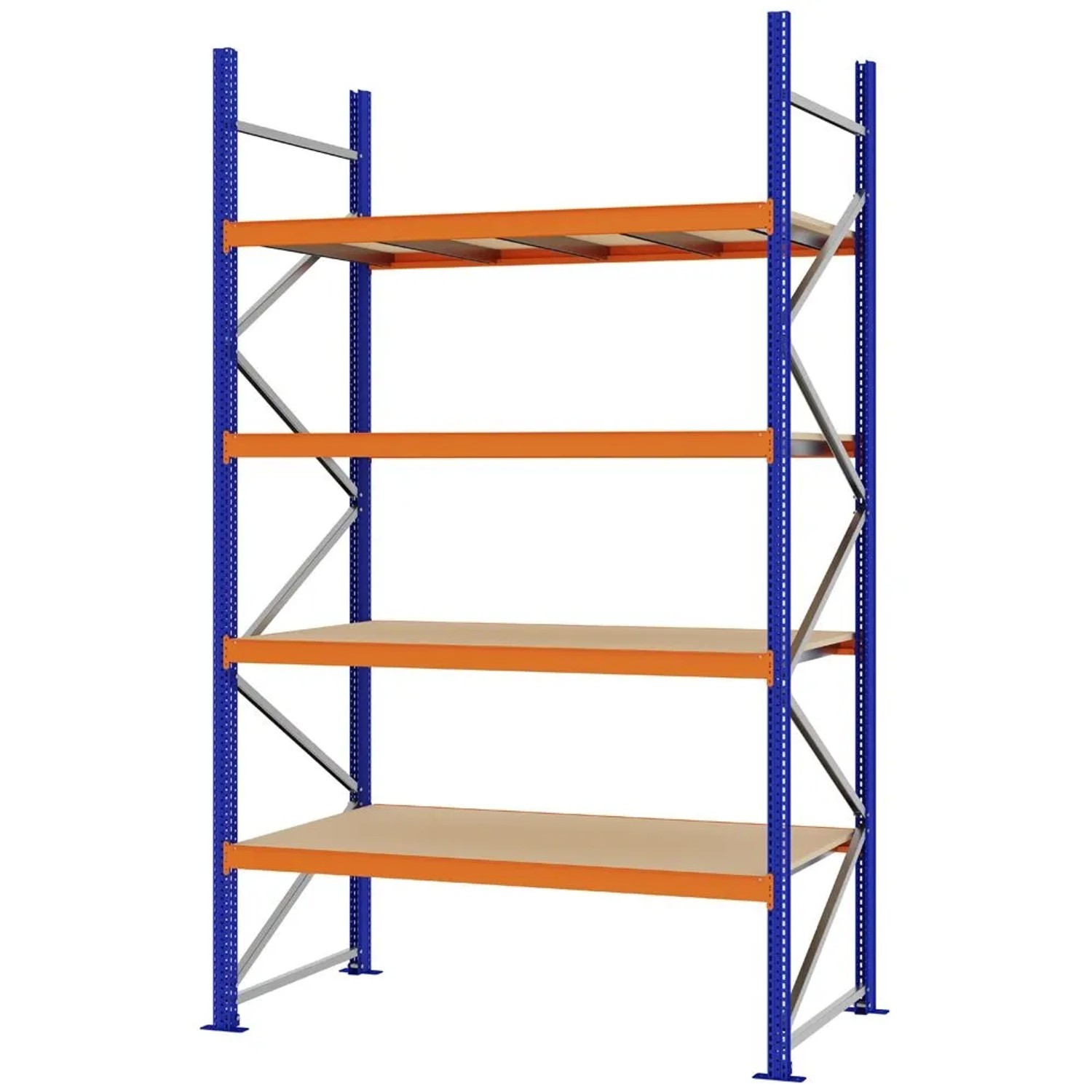 PROREGAL Weitspannregal Schraub-Stecksystem MAGNUS PRO Made In Germany Grundregal 300x175x80cm 4 Ebenen Spanplattenböden Fachlast 700kg Blau/Orange