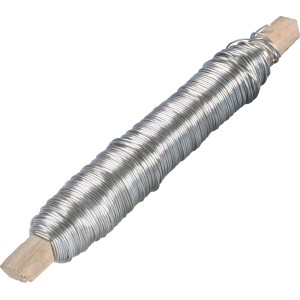 Silberner Bindedraht, verzinkt, 0,7 mm stark und 40 m lang, aufgewickelt auf Holzstab.