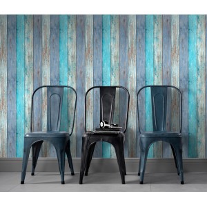 Erismann Vliestapete Imitations 2 Holz Blau FSC®, Holzwand-Optik mit blauen Farbtönen.