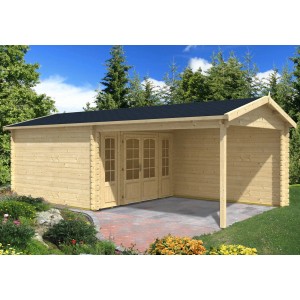Alpholz Gartenhaus Freiburg-44 aus Holz mit Doppeltür und überdachtem Bereich.