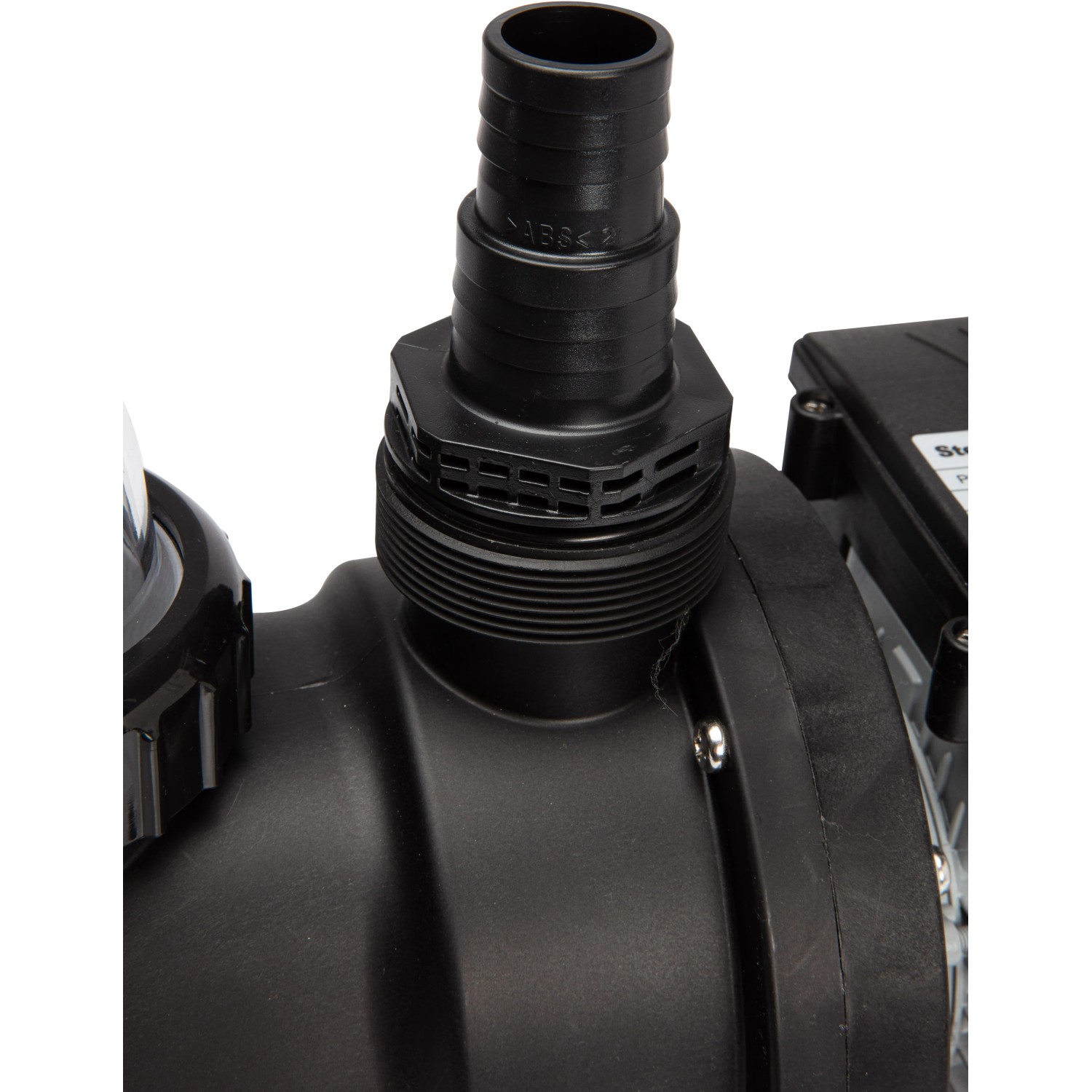 Detailaufnahme der Steinbach Filterpumpe SPS 50-1, einer schwarzen Poolpumpe mit Schlauchanschluss.