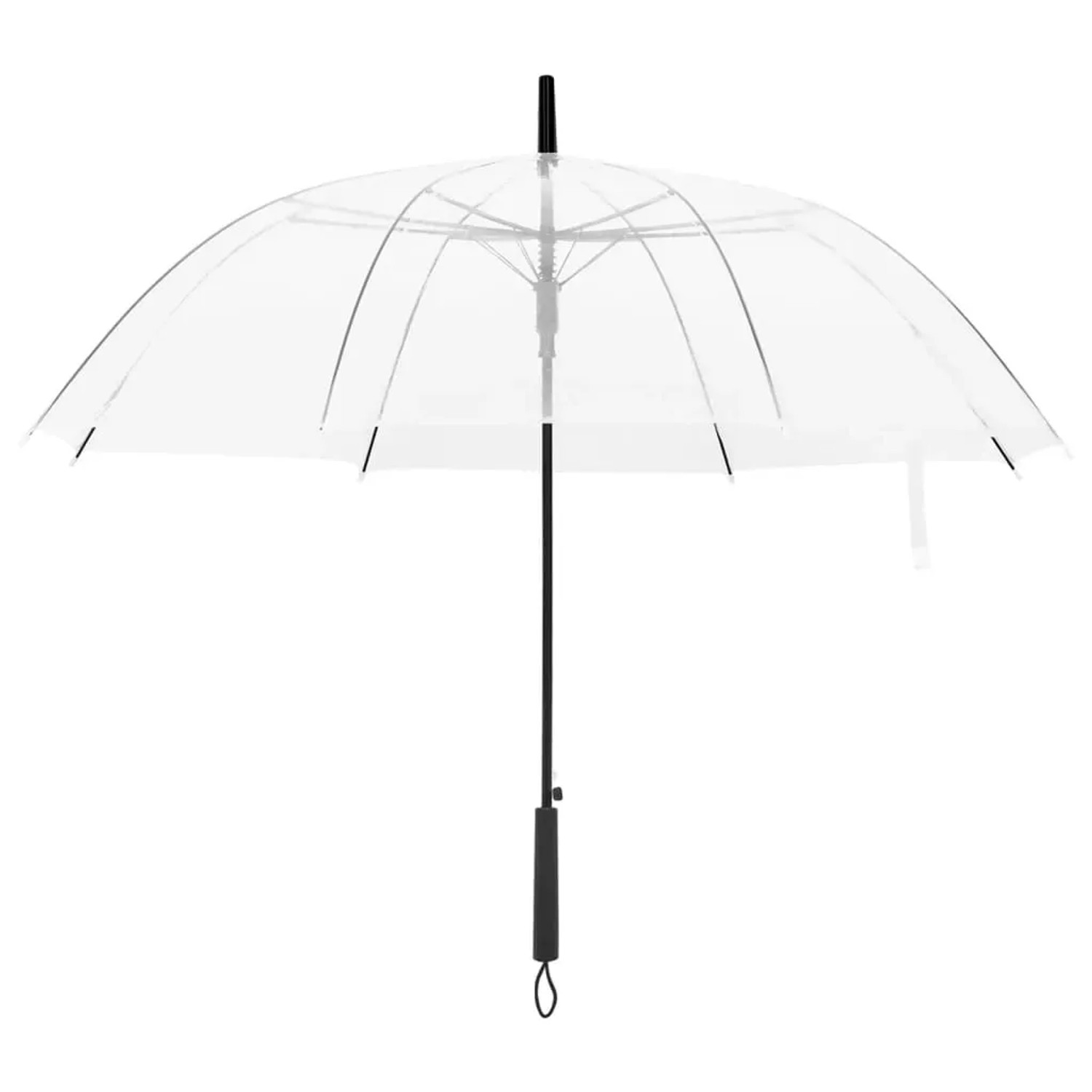 Transparenter Regenschirm aus POE, 100 cm Durchmesser, mit schwarzem Griff und Metallgestell.