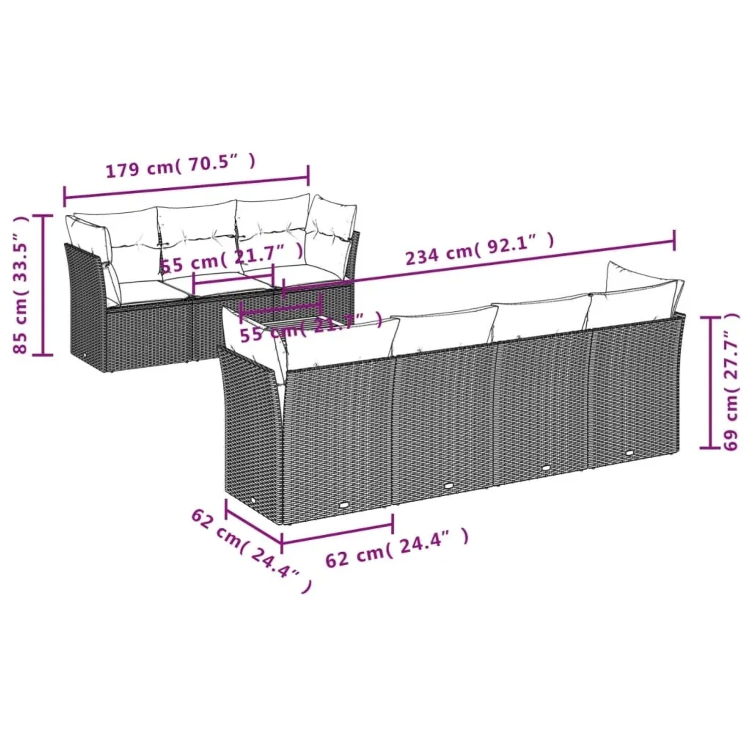 vidaXL Garten-Sofagarnitur, 8-teilig, beige Poly Rattan, mit Maßen. Ideal für Terrasse und Garten.