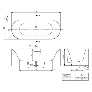 Technische Zeichnung: Villeroy & Boch Loop & Friends Vorwand-Badewanne, 170x75 cm, Maße und Ansichten.