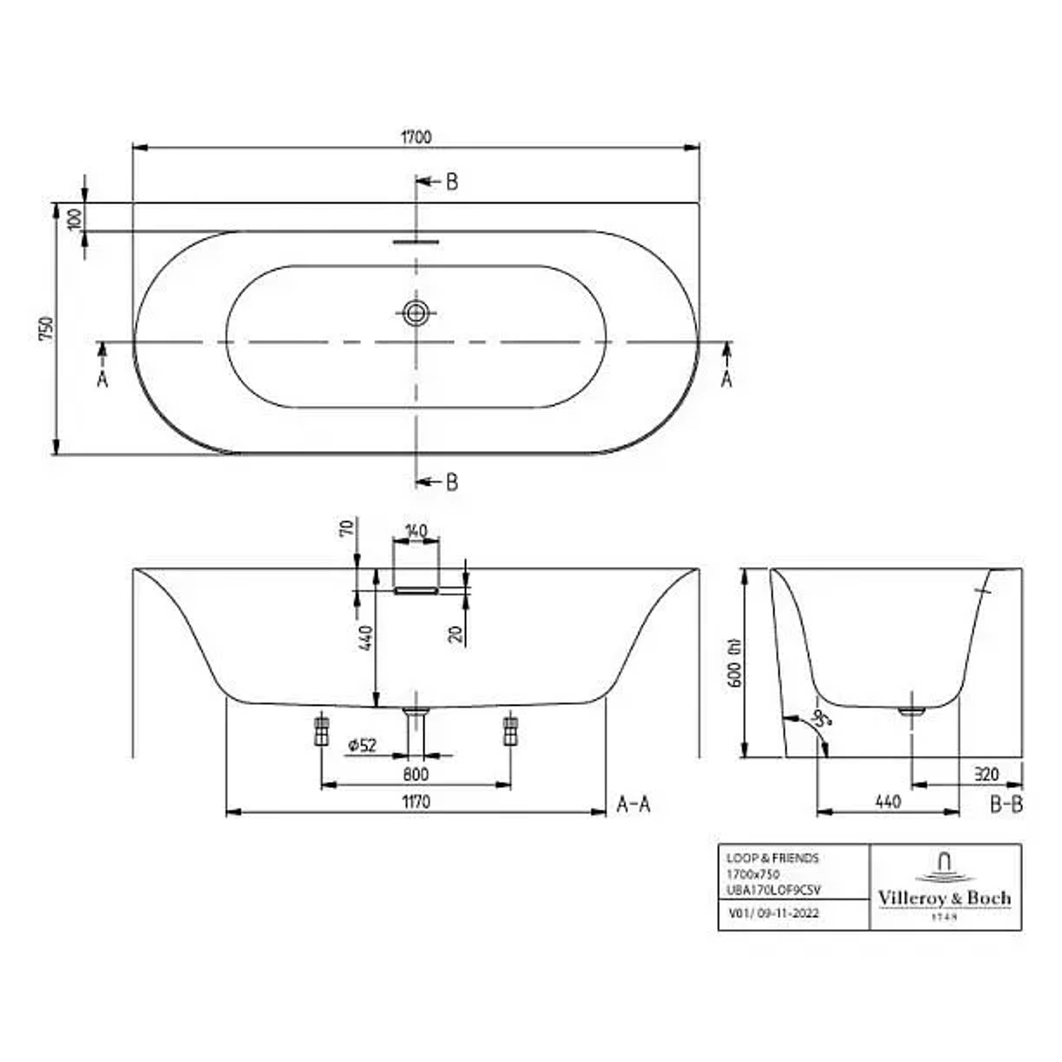 Technische Zeichnung: Villeroy & Boch Loop & Friends Vorwand-Badewanne, 170x75 cm, Maße und Ansichten.
