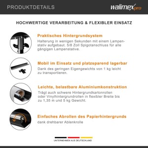 Walimex Pro Hintergrund Halterung: Einfache Montage, mobil, robuste Aluminiumkonstruktion, leichtes Abrollen für Fotostudio.