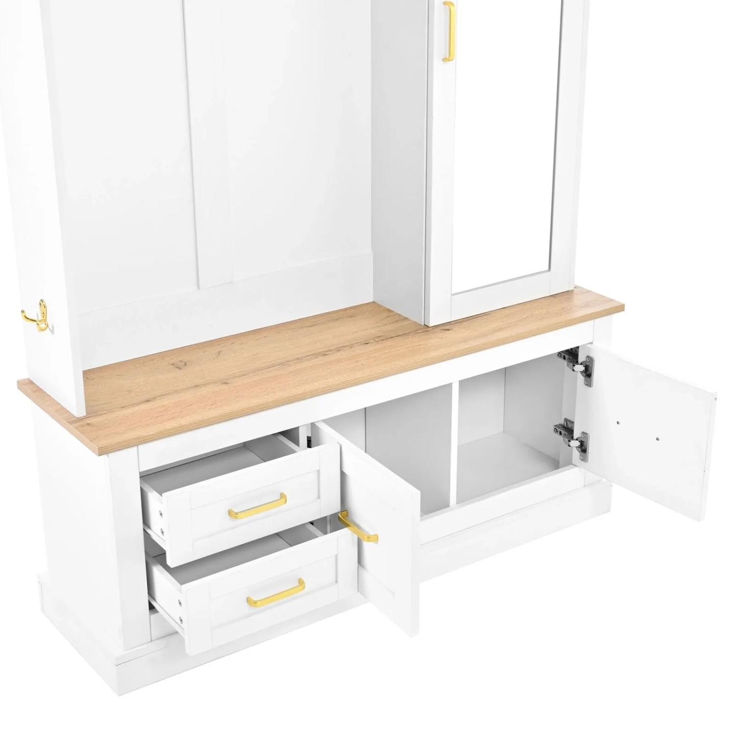 Weiße Flurgarderobe mit Holzoptik-Platte, offenen Schubladen mit Goldgriffen und offenem Schuhschrank. Perfekt für Diele.
