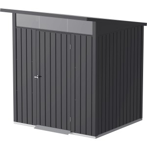 Duramax Metallgerätehaus Palladium 6x5 in Anthrazit mit Pultdach und Doppeltür.