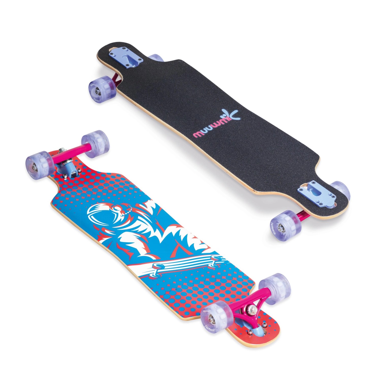 Muuwmi Longboard Compact Space LED- Leuchtrollen ABEC 7 Deck 83x22 cm 5,5 Zoll FOX Aluminium Trucks Rollen 60x45 mm
