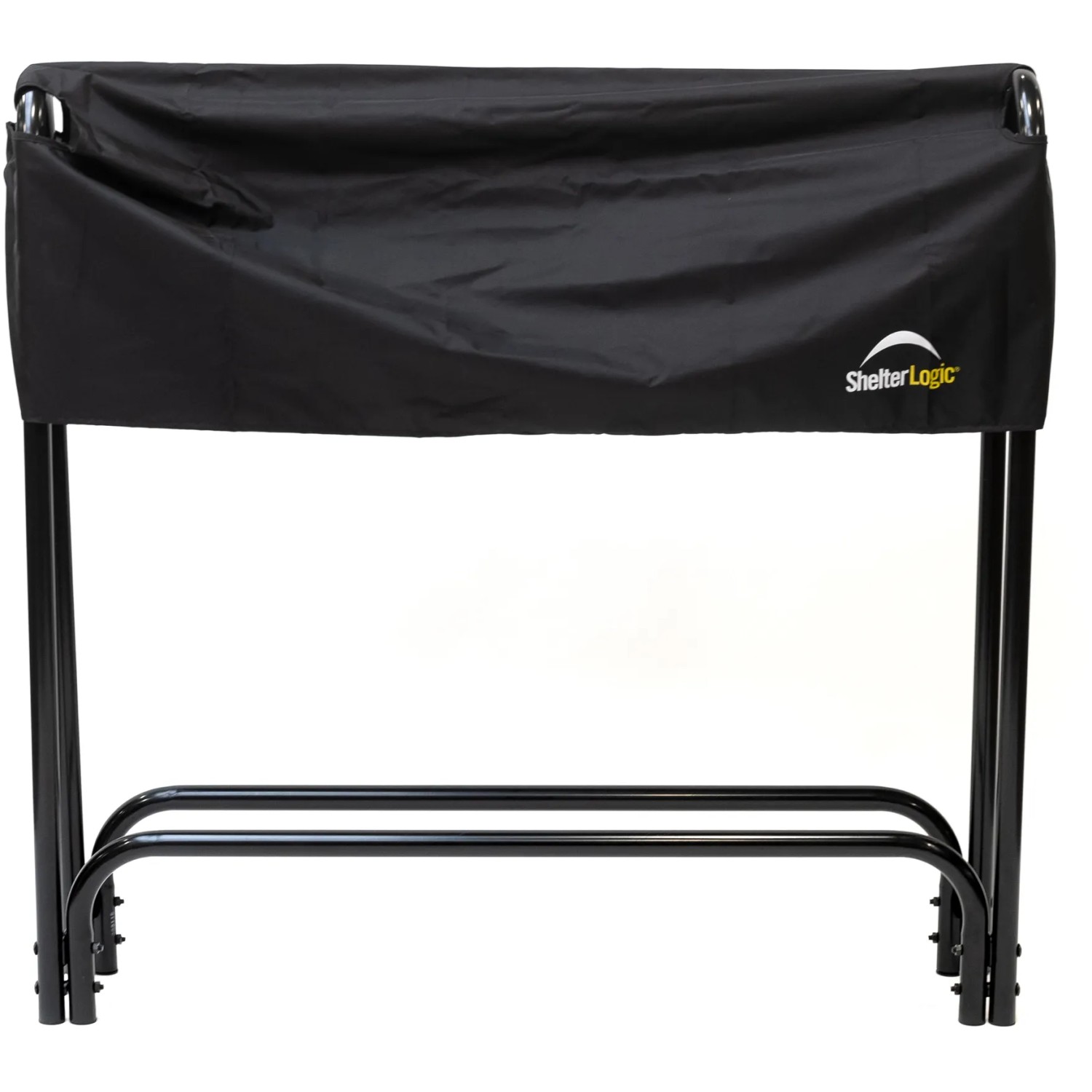 Schwarzes ShelterLogic Kaminholzregal 126x118cm mit Abdeckung für trockene Lagerung.