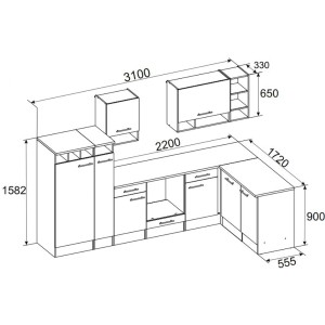 Skizze der Respekta Winkelküche in Weiß/Wildeiche Optik mit Maßen. Inkl. E-Geräte und Apothekerschrank.