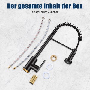 Schwarze PXloue Küchenarmatur mit hohem Bogen, ausziehbarer Brause und allen Anschluss- & Montagezubehörteilen.